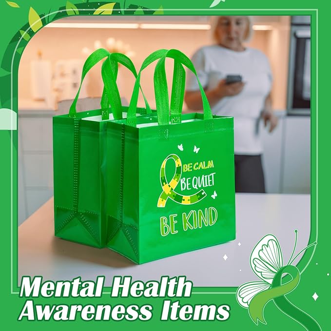 HunnmingRe 30 Pcs Mental Health Awareness Gifts Bags with Handles Green Party Favor Bag Bulk Mental Health Awareness Item Reusable Non Woven Handbags for Public Charity Event Party Supplies, 6 Style