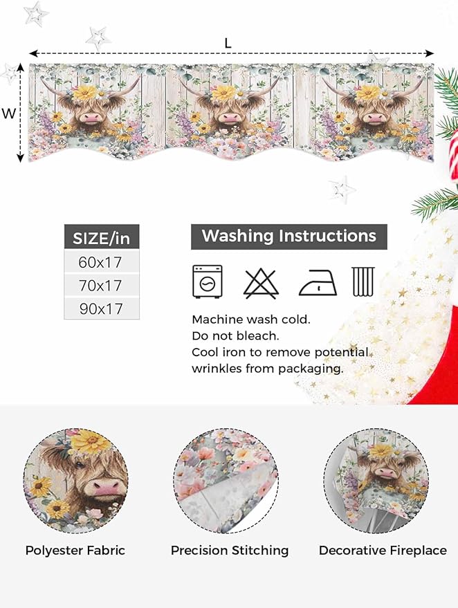 Spring Cow Floral Fireplace Mantel Scarf Table Runner, Green Eucalyptus Leaves Grey Wooden Winter Garland Mantel Top Tablerunners Dresser Scarves Cover for Windows Party Living Room 60''x17''