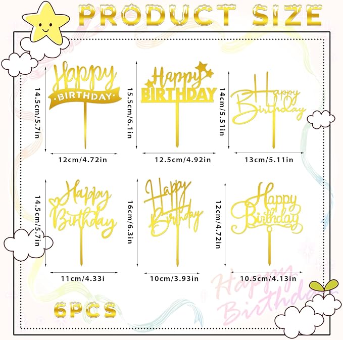 6 Pcs Gold Cake Topper - Happy Birthday Sign & Letters for Cake Decorations - Personalized Golden Cupcake Toppers & Cake Inserts