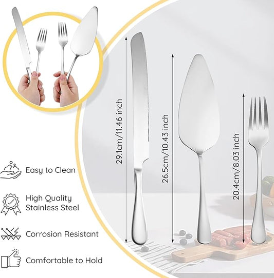 Suream Cake Cutting Set for Wedding, 11 Inch Silver Stainless Steel Pie Spatula, Pie Cutter and Server for Party, Birthday, Kitchen, Anniversary, Christmas(4PCS）