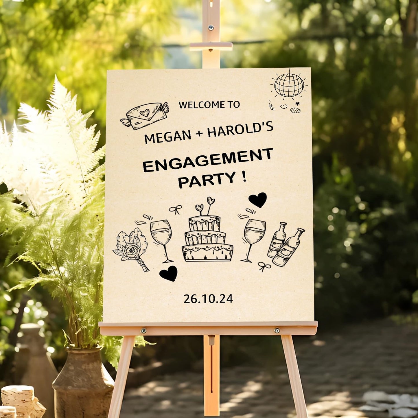 Welcome Sign - Hand Drawn Scribble Illustration 'We're Engaged' Printable Signage for Engagement Party