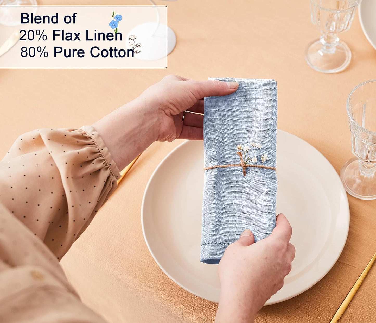 Ruvanti Premium Linen Napkins Set of 4-20x20 Inch, Classic Hemstitch, Mitered Corner Cloth Napkins‎‎ - Soft, Elegant Dinner Napkins Cloth Washable for Weddings, Parties, Everyday Use - Arctic Ice