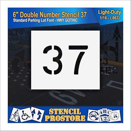 Pavement, Curb, and WheelStop Stencils - 6 inch Double Number Stencil - (37) - 6" x 9" x 1/16" (63 mil) - Light-Duty