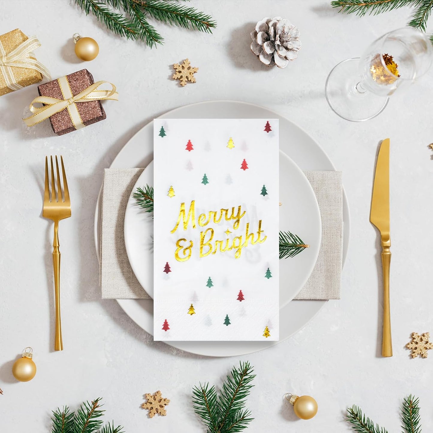 100 Pcs Christmas Tree Paper Napkins Disposable, Merry Bright Red Green Gold Foil Cocktail Napkins, Xmas Holiday Party Guest Dinner Napkin Hand Towels for Christmas Winter Party Supplies, 4.3x7.9 Inch
