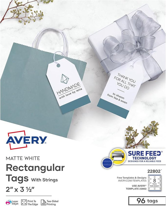 Avery® Printable Tags With Strings, Rectangle, 2" x 3 1/2", White, Pack of 96
