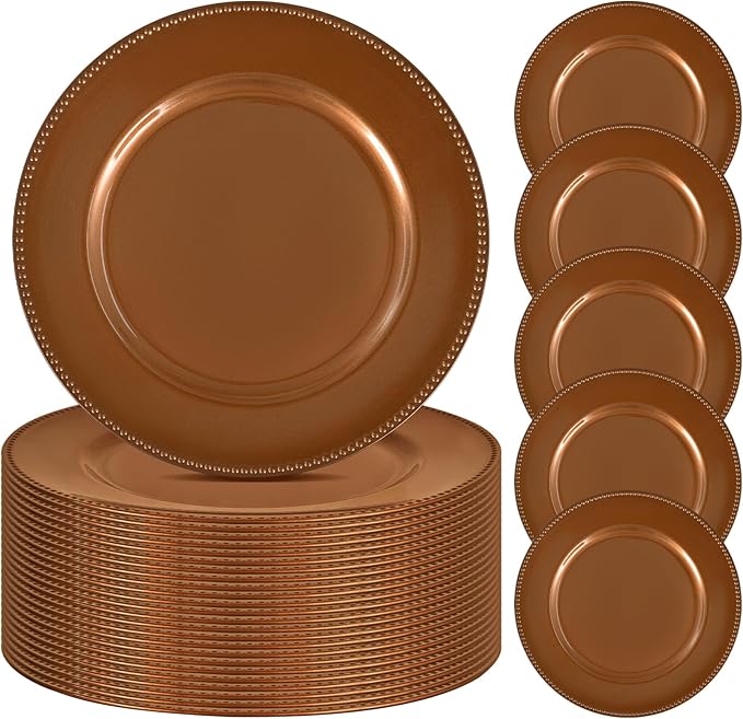 24 Pcs Brown Charger Plates Bulk, 13" Round Beaded Plate for Dinner, Decorative Plastic Table Chargers for Wedding, Holiday Party, Baby Shower, Event Decoration (Brown)