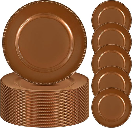 24 Pcs Brown Charger Plates Bulk, 13" Round Beaded Plate for Dinner, Decorative Plastic Table Chargers for Wedding, Holiday Party, Baby Shower, Event Decoration (Brown)