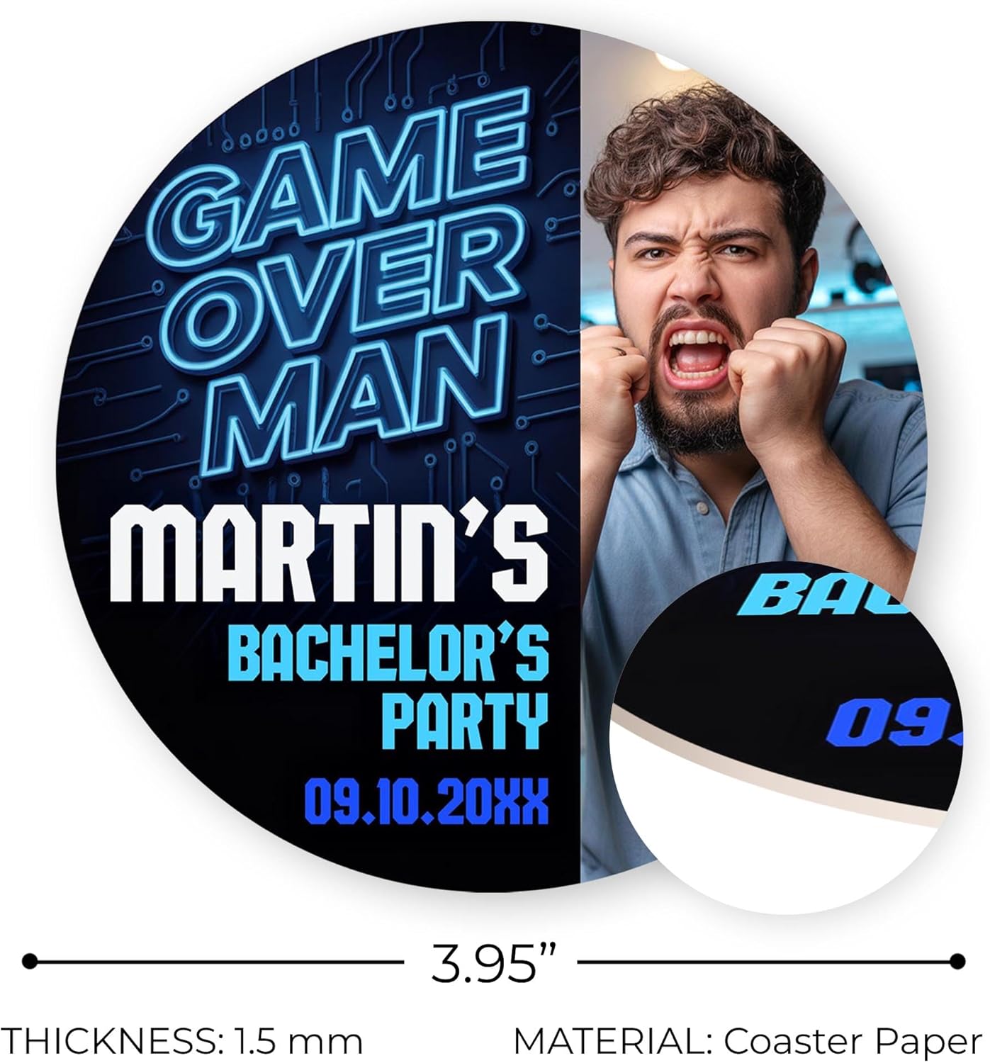 60 Pack Personalized Bachelor Party Coasters, Custom Cardboard Drink Coasters with Photo Print and Text, Fun Bachelor Party Favors and Gifts, 3.95" Round, Design 6
