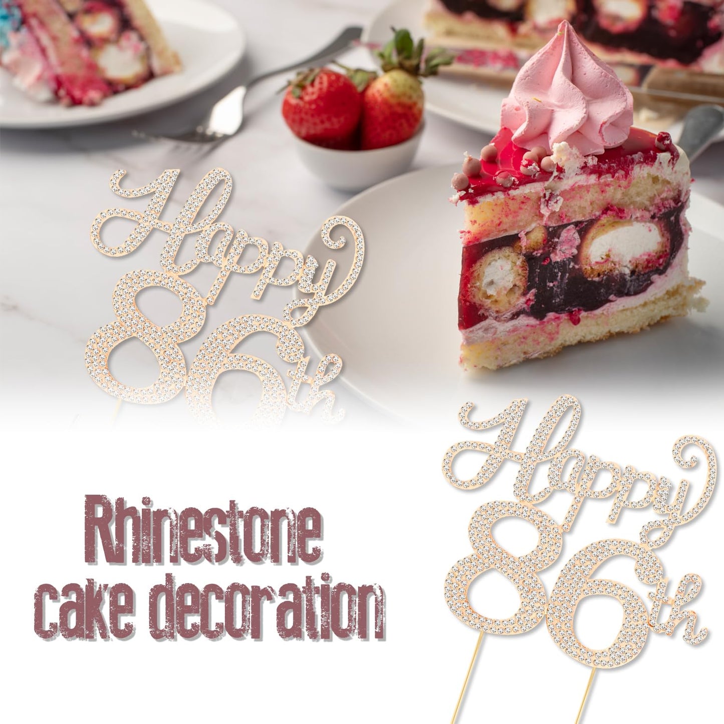 Happy 86th Birthday Decorations,86th Birthday Gold Rhinestone Cake Topper - Cheers to 86 Years Old Bday Party Metal Sparkly Cake Centerpieces Sign.