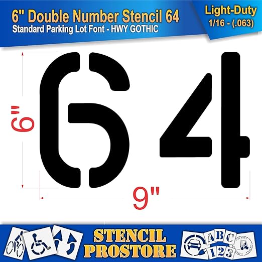 Pavement, Curb, and WheelStop Stencils - 6 inch Double Number Stencil - (64) - 6" x 9" x 1/16" (63 mil) - Light-Duty