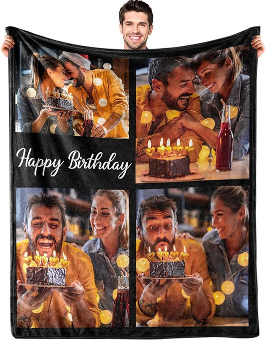 Ships Next Day Custom Blanket with Picture Text Personalized Throw Blanket Photo Collage Blankets Customized Birthday Gifts for Couple Girlfriend Boyfriend Family Kids Friends Pet