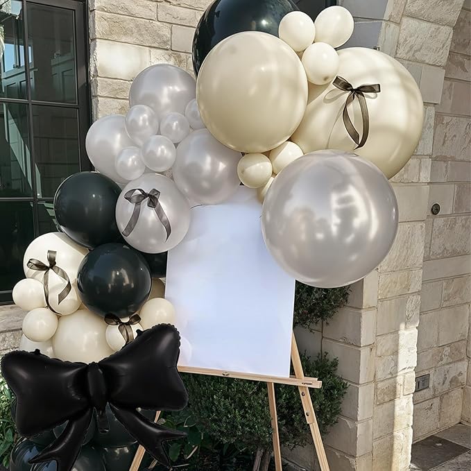 Black Bow Balloon Arch, Black White Coquette Birthday Decorations, Double Stuffed Pearl Sand White Ivory Black Balloon Garland with Foil Bow Balloons for Engagement Wedding Bridal Shower Bachelorette