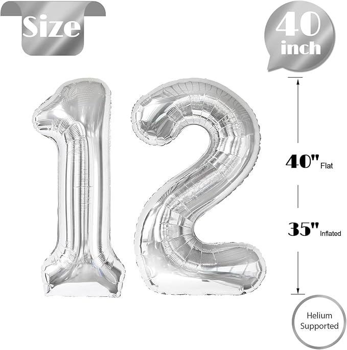Silver Number 12 Balloon 40 inch, 12 Number Balloons, 12th Silver Birthday Decorations for Girls Boys Kids, 12 Year Old Silver Party Supplies