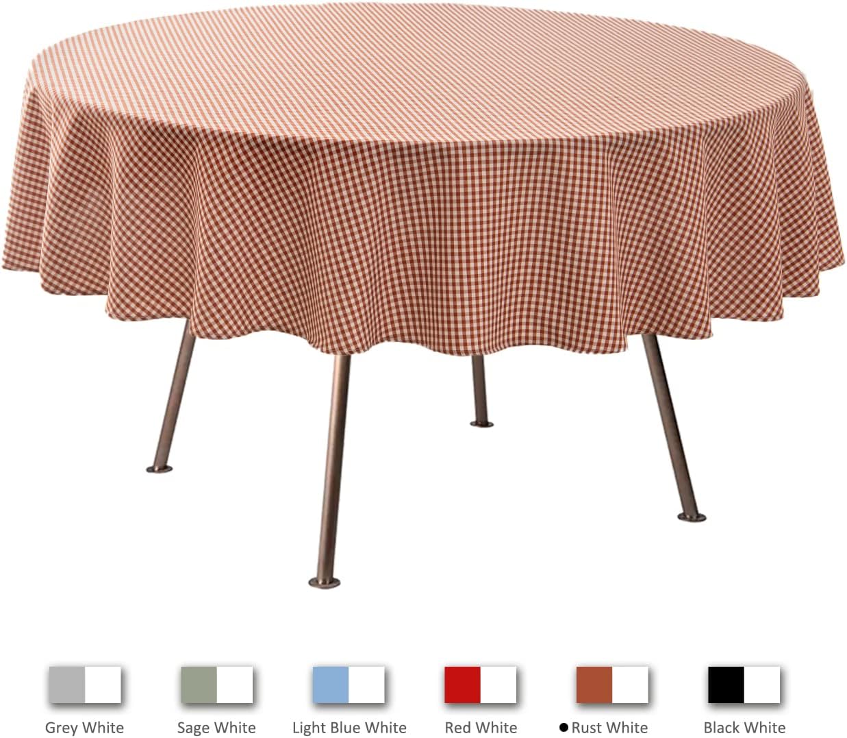 maxmill Round Checkered Tablecloth Spillproof Wrinkle Free Heavy Weight Gingham Table Cloth for Dining Room Circular Table Buffalo Plaid for Banquet Parties Holiday Dinner 70 Inch Rust White
