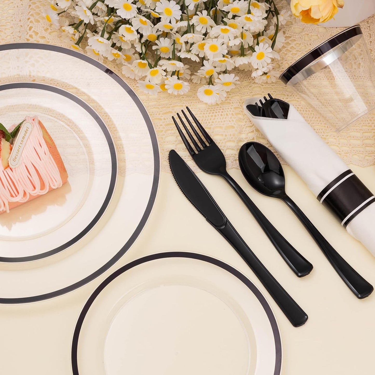350PCS Clear and Black Disposable Plates Set for 50 Guests, 100 Plastic Plates, 50 Plastic Cups, 50 Pre-Rolled Napkins with Cutlery for Party, Thanksgiving, Birthday, Halloween, Christmas