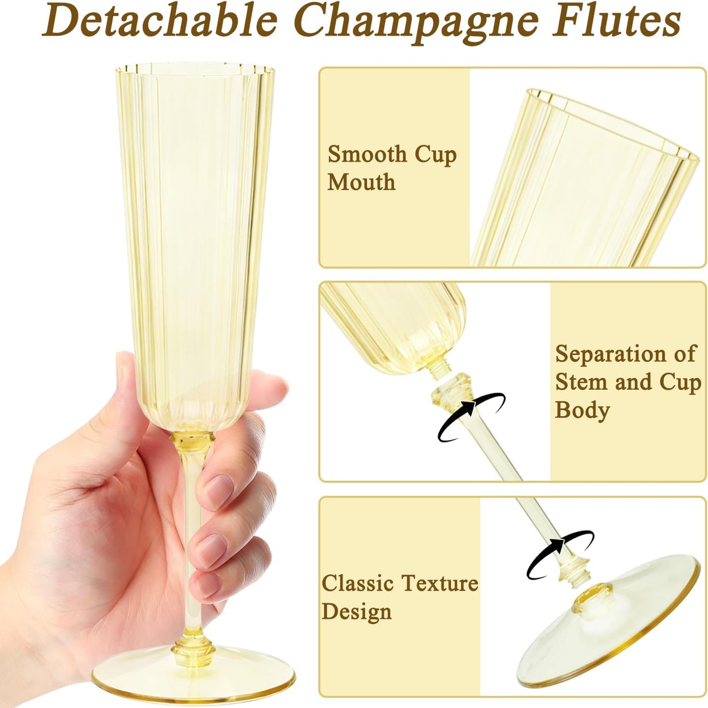 24 Pack Golden Champagne Flutes Plastic, Stripe Detachable Acrylic Champagne Glasses, Disposable Cocktail Drinking Cups, Reusable Wine Flutes, Cocktail Toasting Glasses for Wedding, Party
