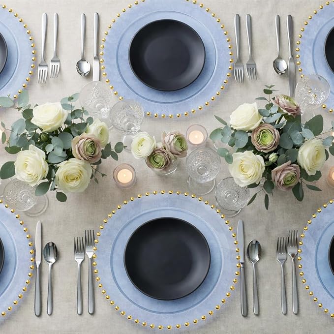 PLASTICPRO Translucent Blue with Gold Rim Plastic Charger Plates with Beaded Edge – Pack of 8 – 13" Elegant Round Disposable Chargers for Weddings, Events, Parties, and Dinners