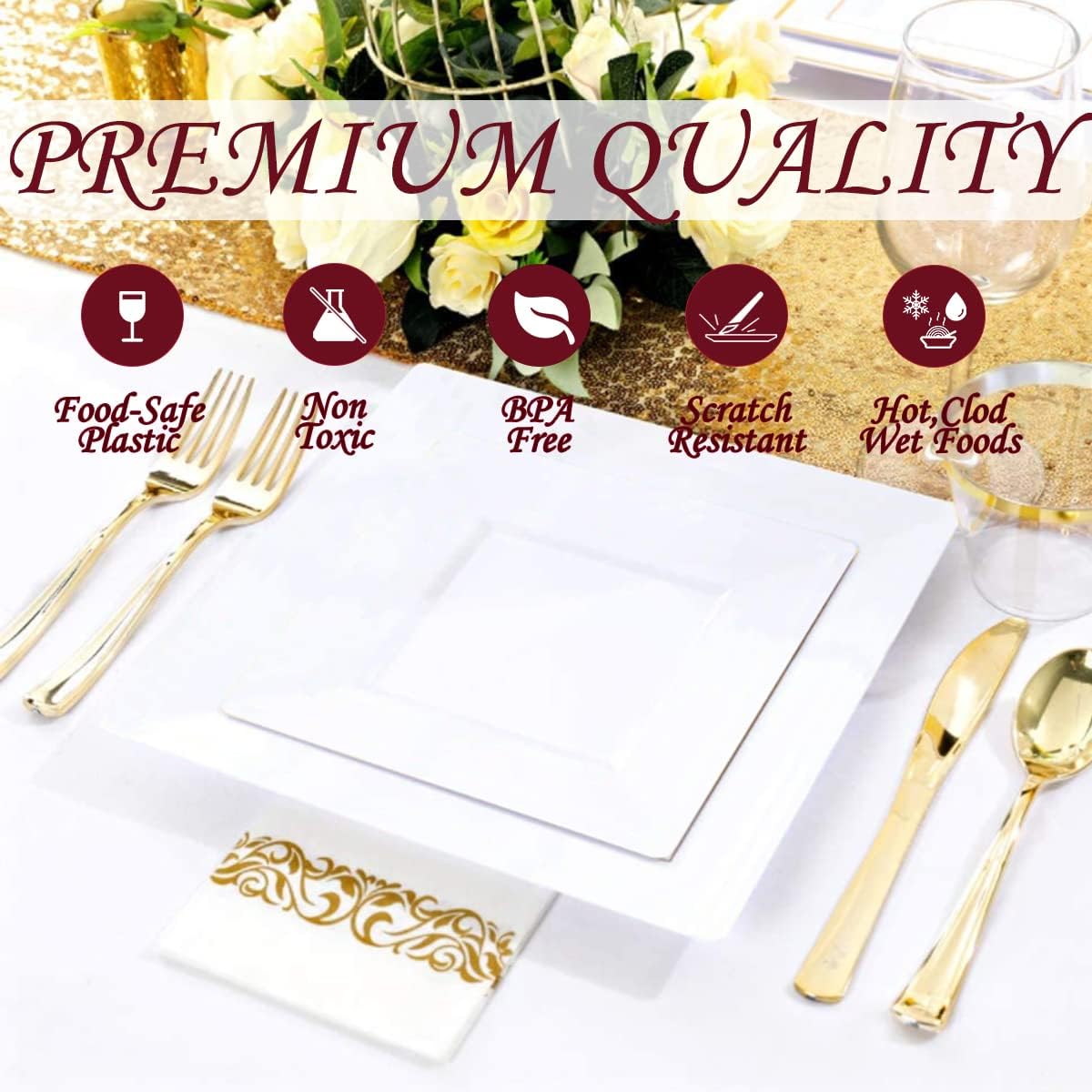 Disposable Square Plastic Plates - 100 Pack - 50 x 9.5 Dinner and 50 x 6.5 Salad Combo Plate - Premium Heavy Duty - Fancy and perfect for a Party, Wedding, or Birthday