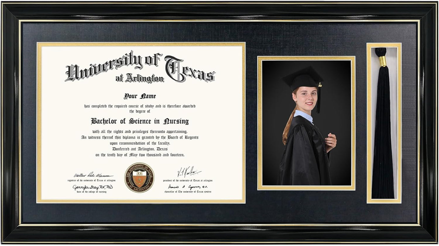 GraduationMall 11x22 Black Diploma Frame with Tassel Holder and Picture for 8.5x11 Certificate 5x7 Photo,Tempered Glass,Black over Gold Mat