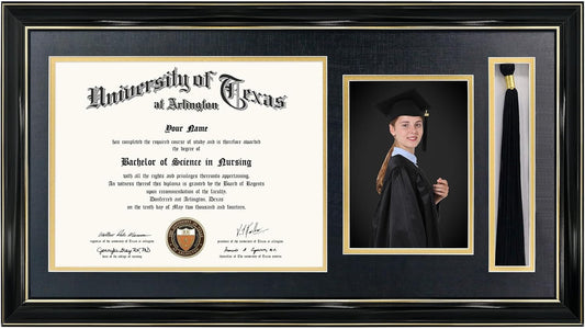 GraduationMall 11x22 Black Diploma Frame with Tassel Holder and Picture for 8.5x11 Certificate 5x7 Photo,Tempered Glass,Black over Gold Mat