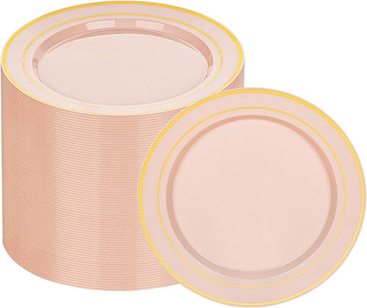 100Pcs Pink Plastic Dessert Plates, Disposable Salad Plate with Gold Rim, Premium Hard Fancy Small Plates, Heavy Duty Plastic Cakes Plates for Party, Wedding&Birthday&Valentine's Day