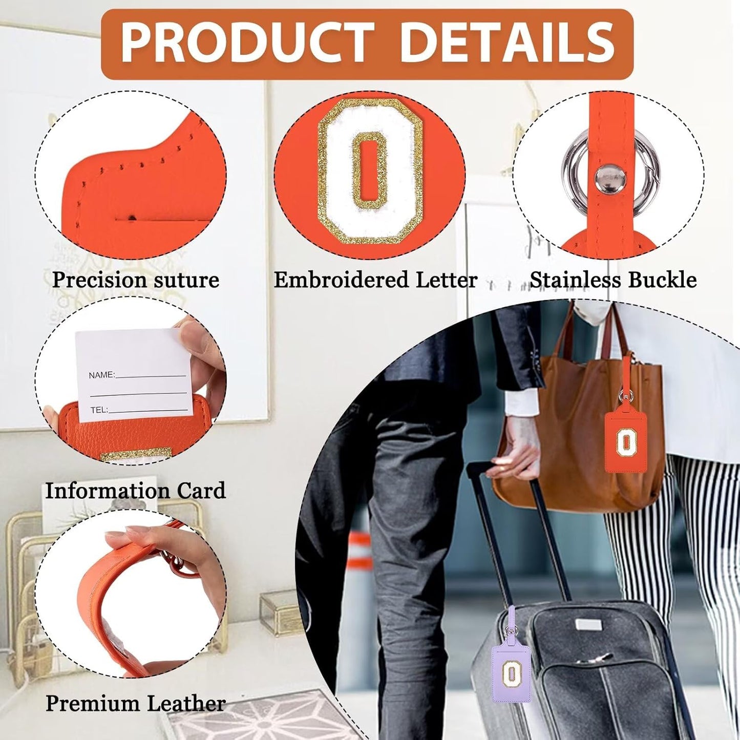 Personalized Initial Luggage Tags for Suitcases, Leather Chenille Letter Cute Luggage Tags with Privacy Name Card, Embroidered Travel Bag Backpack Tags Gifts for Women Kids Girls Teens(Orange-O)