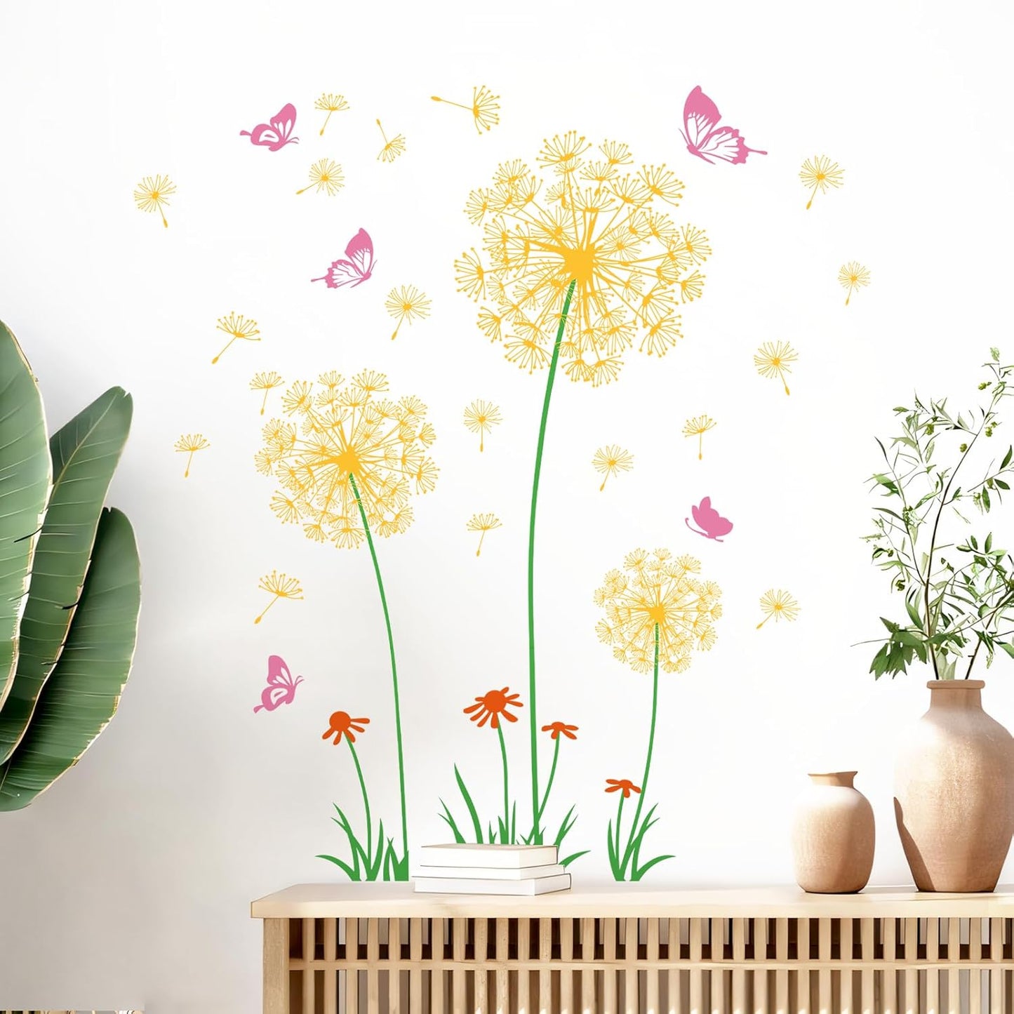 Supzone Yellow Dandelion Wall Stickers Flower Wall Decals Pink Butterflies Wall Decors Wall Art Stickers for Bedroom Living Room Sofa Backdrop TV Wall Decoration