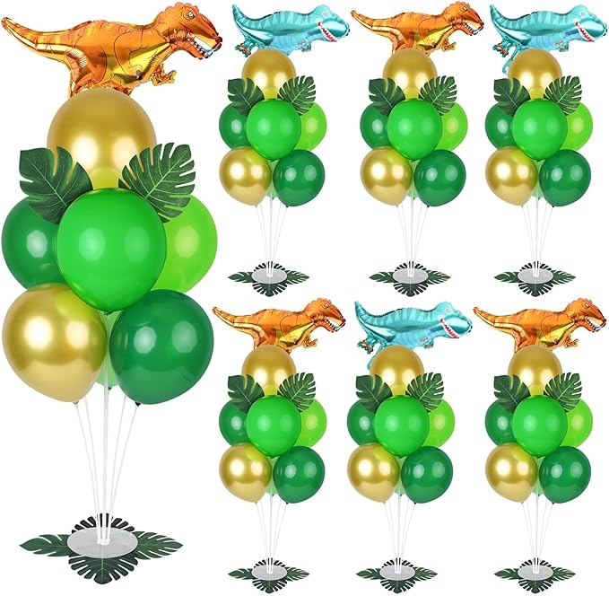 6 Sets Jungle Safari Balloon Stand Kit for Table Gold Green Balloons Dinosaur Party Tables Centerpiece with Palm Leaves for Animal Wild One Birthday Baby Shower St Patricks Day Party Supplies
