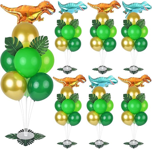 6 Sets Jungle Safari Balloon Stand Kit for Table Gold Green Balloons Dinosaur Party Tables Centerpiece with Palm Leaves for Animal Wild One Birthday Baby Shower St Patricks Day Party Supplies