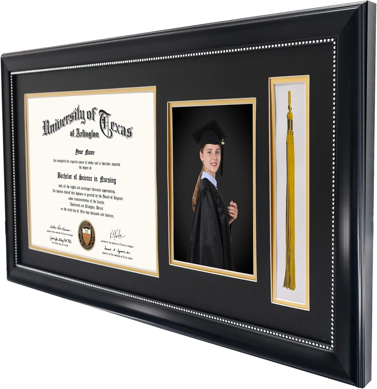 GraduationMall 11x22 Black Diploma Frame with Tassel Holder and Picture for 8.5x11 Certificate 5x7 Photo,Real Glass,Black over Gold Mat