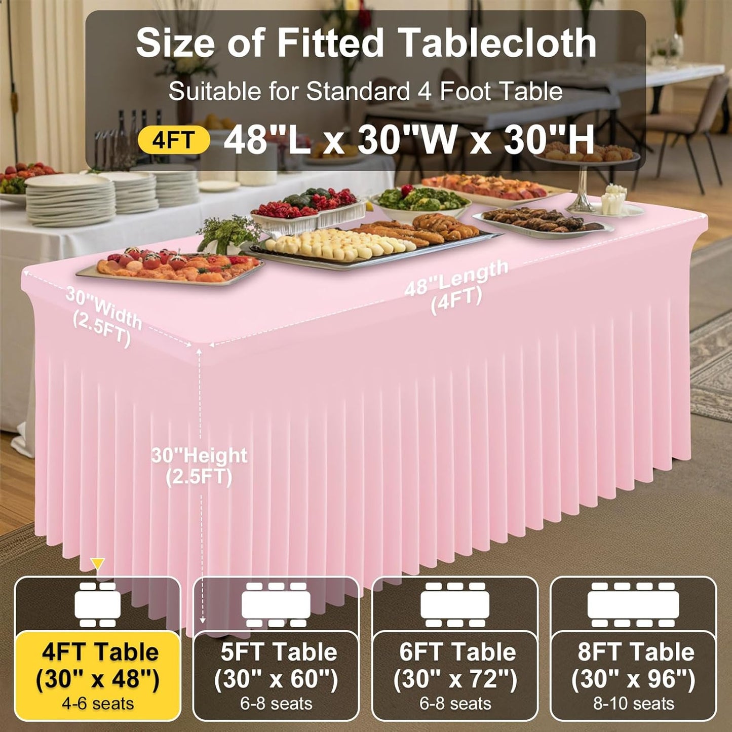 Smiry Spandex Tablecloth, Elastic Fitted Stretch Tablecloth for 4FT Rectangle Tables, Waterproof Washable Table Cover Skirt for Outdoor, Wedding, Banquet & Parties (Pink, 48Lx30Wx30H Inch)