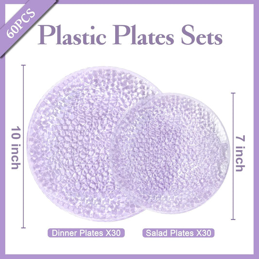Rubtlamp 60PCS Purple Plastic Plates, Purple Disposable Party Plates, Heavy Duty Plastic With Hammered, Fancy Disposable Platos Include 30 Dinner Plate, 30 Cake Plate For Parties Wedding