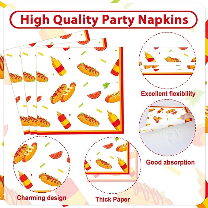96Pcs Hot Theme Dog Birthday Party Paper Plates and Napkins for Fast Food Themed Party Supplies Hot Dog Themed Paper Dessert Plates Picnic BBQ Tableware Set for 24 Guests Birthday Party Decorations