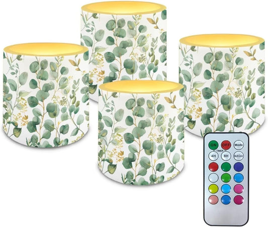 Poceacles Remote Control LED Flameless Candles Set of 4, Decorative Flickering Battery-Powered Candles with Remote Control for Restaurant Cafe Party Decor, Eucalyptus Leaf Green White