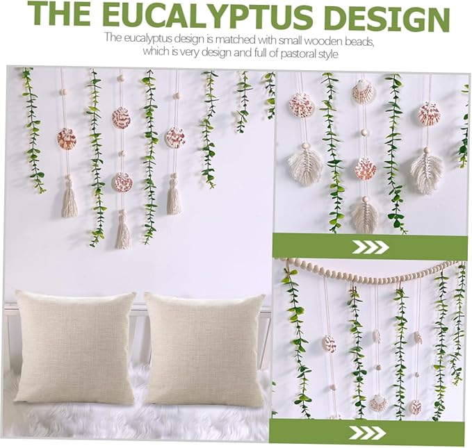 Boho Eucalyptus Leaf Wall Hanging Decor Artificial Garland Wooden Beads Decor