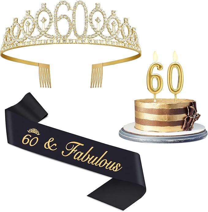 60th Birthday Decorations for Woman with Crown, Sash, Number Candles for Womens 60th Birthday Decorations