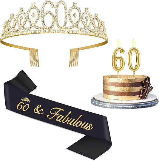 60th Birthday Decorations for Woman with Crown, Sash, Number Candles for Womens 60th Birthday Decorations