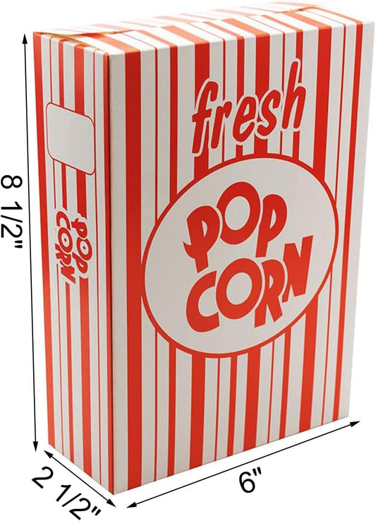 Fasmov 100 Pack Paper Popcorn Boxes, 6" L x 2 1/2"W x 8 1/2 "H Close Top Movie Theater Popcorn Boxes, Popcorn Containers for Movie Party and Theater Night (Red and White Stripes)