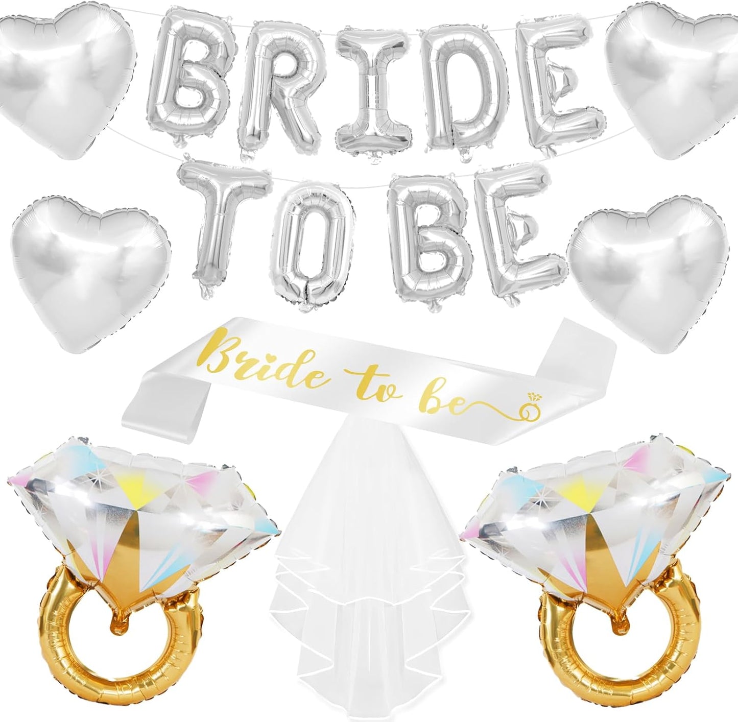 Silver Bachelorette Party Decorations, Silver Bride to Be Banner Heart Balloons with Diamond Ring Foil Balloon, Gold Bride to Be Sash&Veil for Bachelorette Engagement Gift Bridal Shower Party Supplies