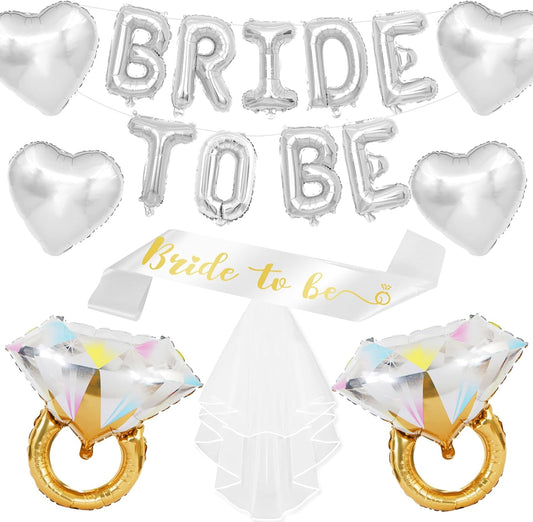 Silver Bachelorette Party Decorations, Silver Bride to Be Banner Heart Balloons with Diamond Ring Foil Balloon, Gold Bride to Be Sash&Veil for Bachelorette Engagement Gift Bridal Shower Party Supplies