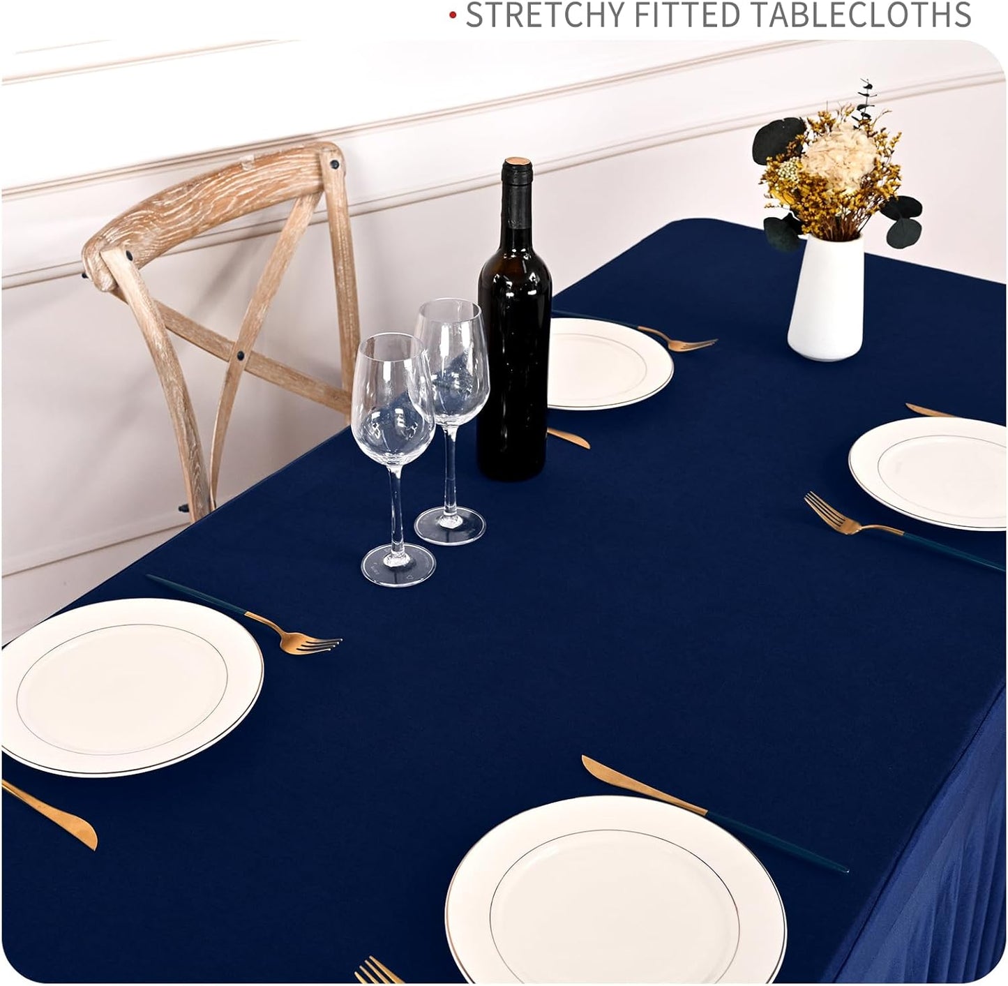 2 Packs Navy Blue Stretch Table Skirts for 6 Foot Rectangle Table, Washable Spandex Stretch Tablecloths with Skirt, Wrinkle Resistant Fitted Tablecover for Wedding Party Banquet