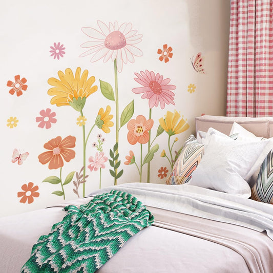 Boho Flower Wall Stickers, Daisy Butterfly Wall Decals, PVC Waterproof Self Adhesive Floral Retro Art Clings for Bedroom Living Room TV Wall Office Decor Home Decoration