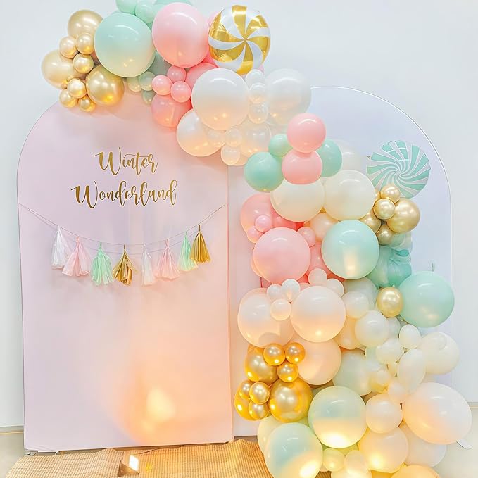 Pink and Green Balloons Pastel Green Pink White Sand Gold Metallic Balloons Nutcracker Fairy Sugar Theme Balloon Set for Winter Wonderland Snow Ice Spring Birthday Christmas Baby Shower Party Decor