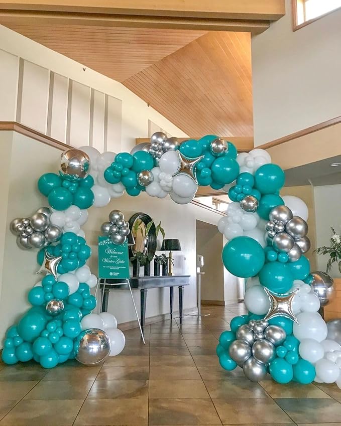 Teal Blue Silver White Balloons Kelfara 60Pcs 12 inch Turquoise Silver White Metallic Confetti Balloons Kit with Ribbons for Wedding Bridal Baby Shower Birthday Graduation Prom Party Decorations
