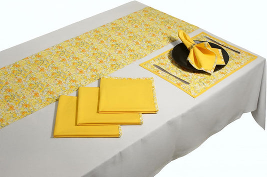 Indtresor Indian Heritage Fabric Cotton Table Linen Reversible Set Runner Napkins Mats in Yellow Orange