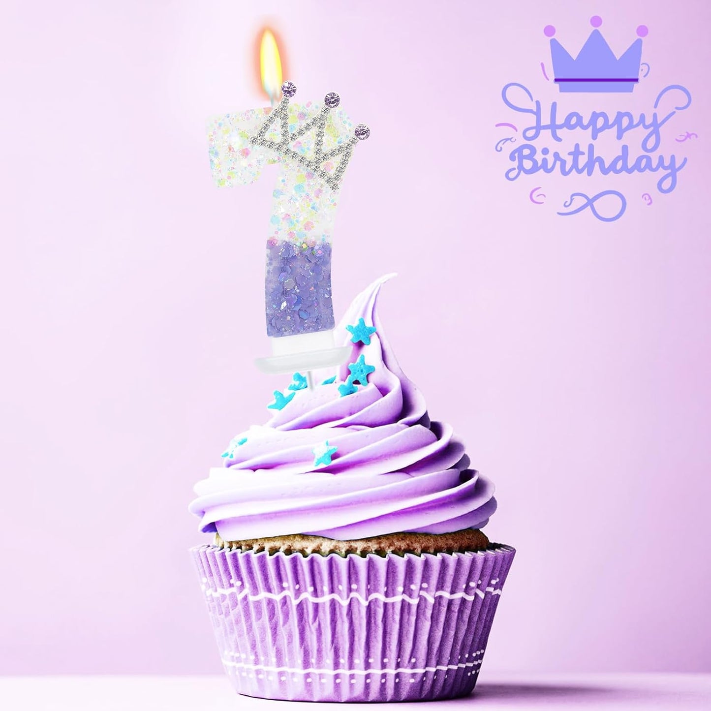 Purple White Number 7 Candle, Glitter Crown Cake Topper, Princess Birthday Party Decorations for Girls and Women Anniversary Celebrations Party Favors