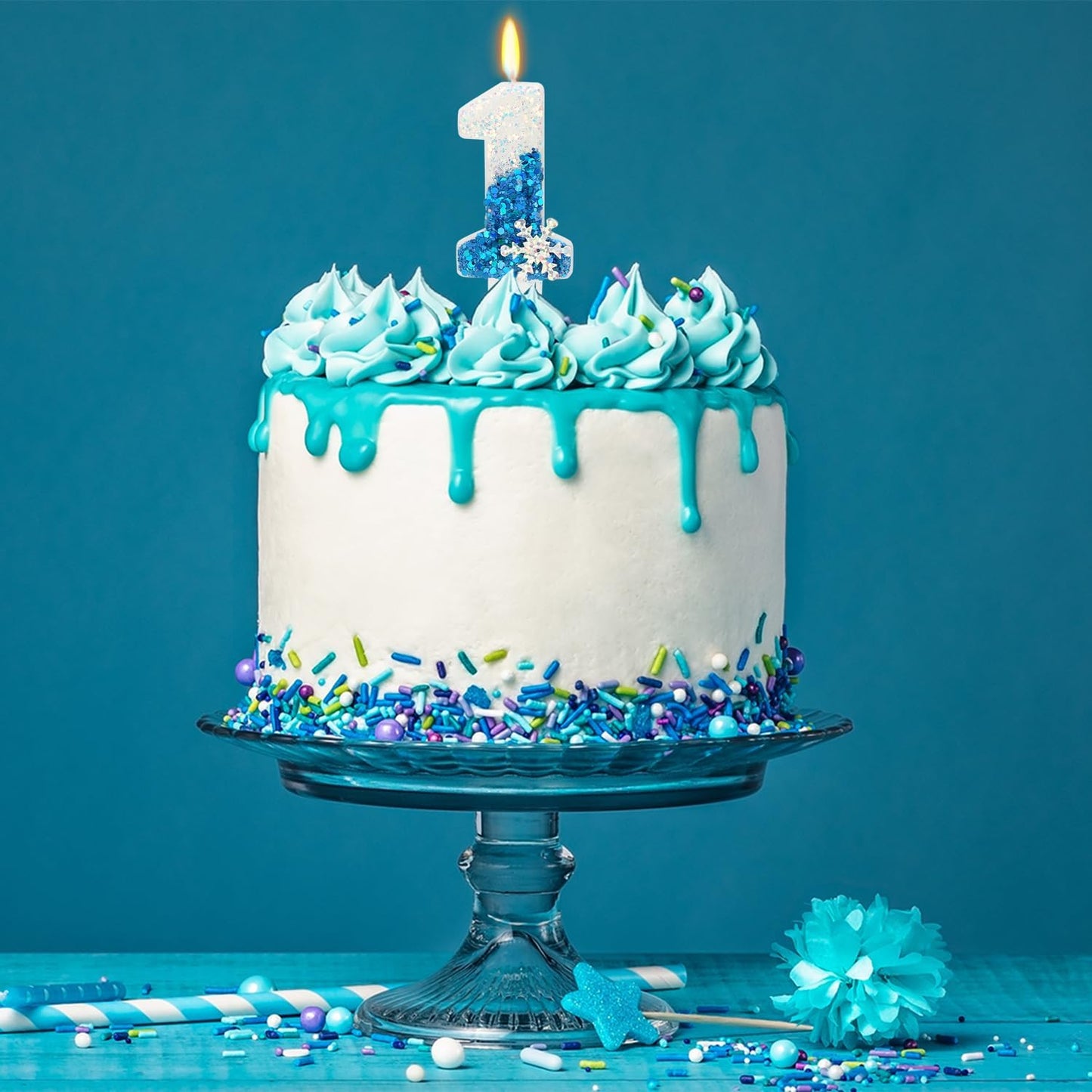 Snow Themed Birthday Candles, 1st Birthday Candle for Party Supplies, Winter Birthday Party Supplies, 2.76 inch Number 1 Cake Topper Decoration (Number 1)
