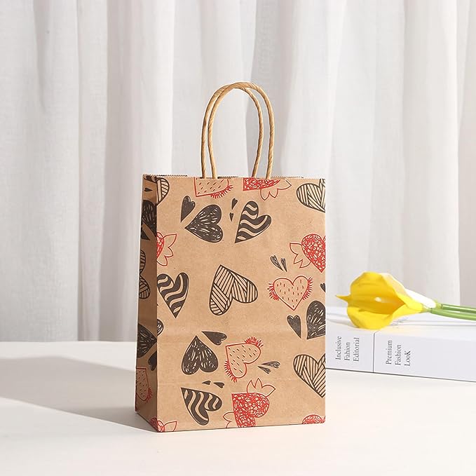 piqiya 24pcs Valentine Gift Bags Bulk,Kraft Paper Gift Bag with Handle,Valentines Gift Bags for Gift Wrapping,Anniversary,Valentine‘s Day Party