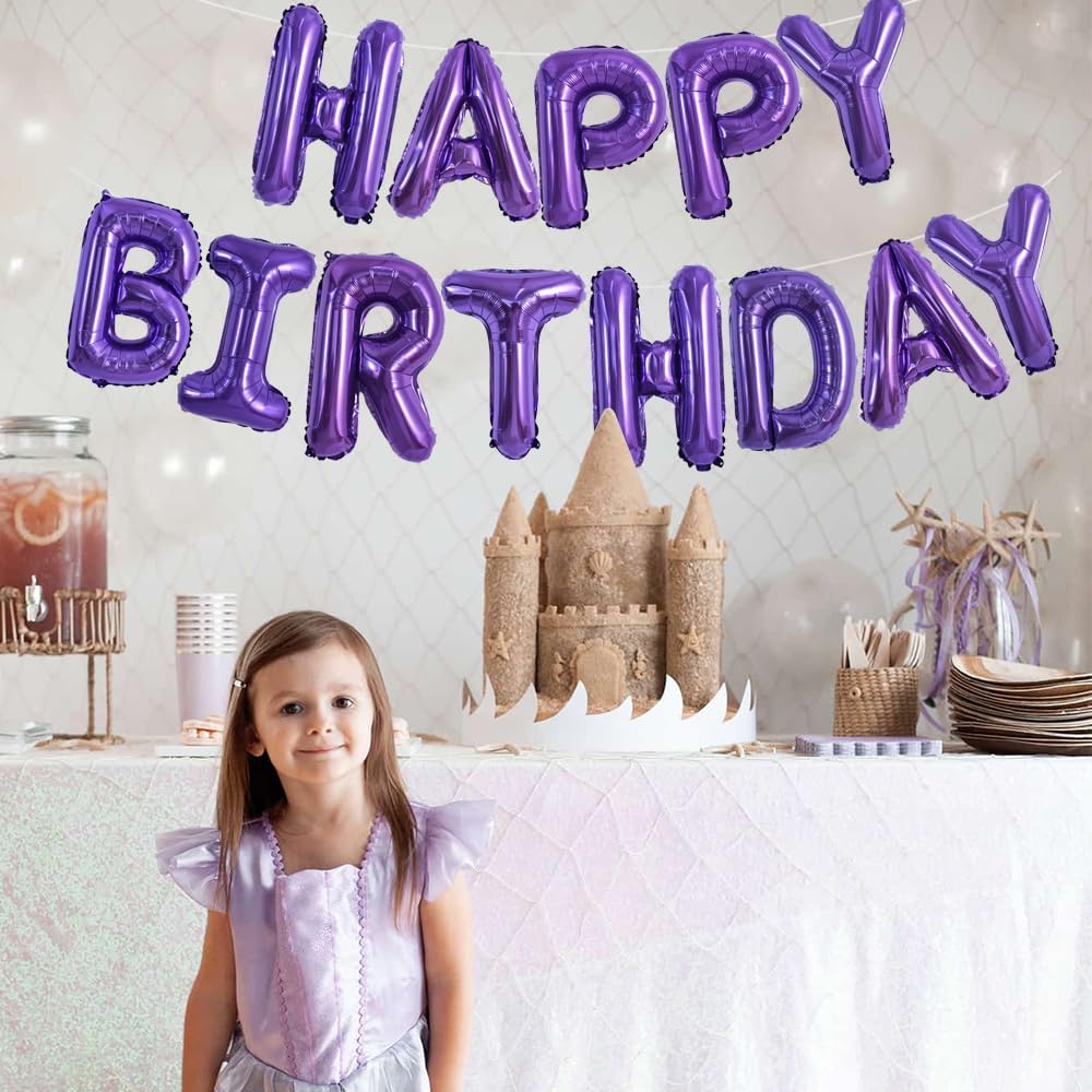 TONIFUL Purple Happy Birthday Balloons Banner 16 Inch Mylar Foil Letters Birthday Sign Banner Bunting Reusable for Girls Boys Kids & Adults Birthday Decorations and Halloween Party Supplies