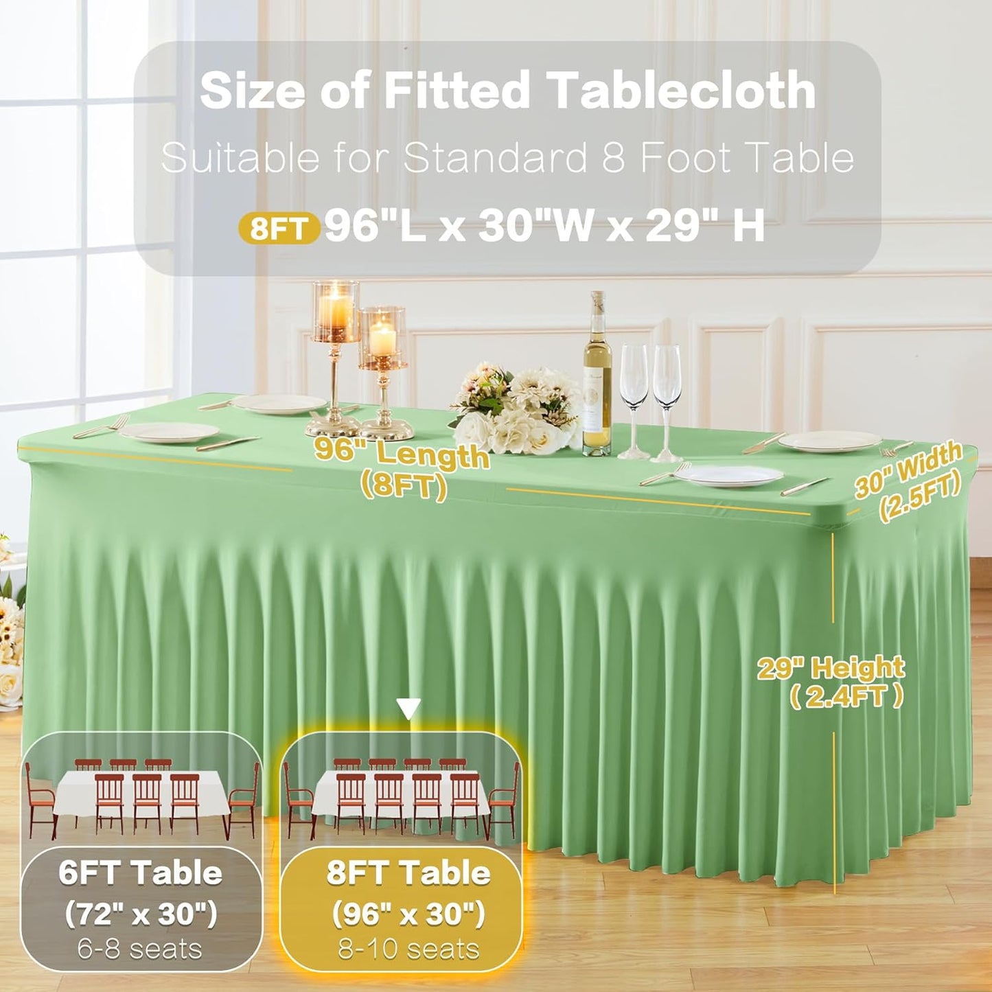 2 Pack Spandex Sage Green Fitted Table Cloth for 8ft Rectangle Tables Sage Green Stretch Tablecloth Table Covers Skirt Banquet Wrinkle Free Tablecloths for Parties Wedding